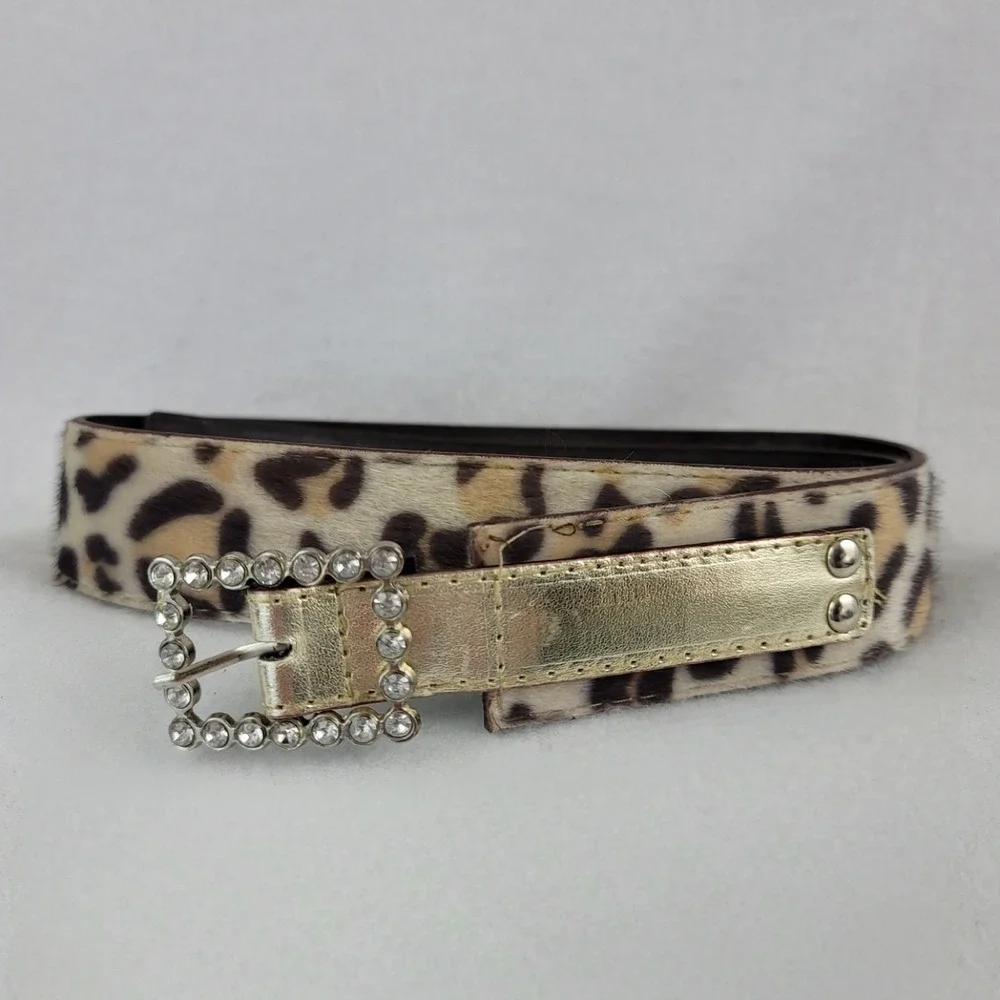 Vintage Womens Leopard Calf Hair Belt Gold Rhinestone Buckle Small Animal Print